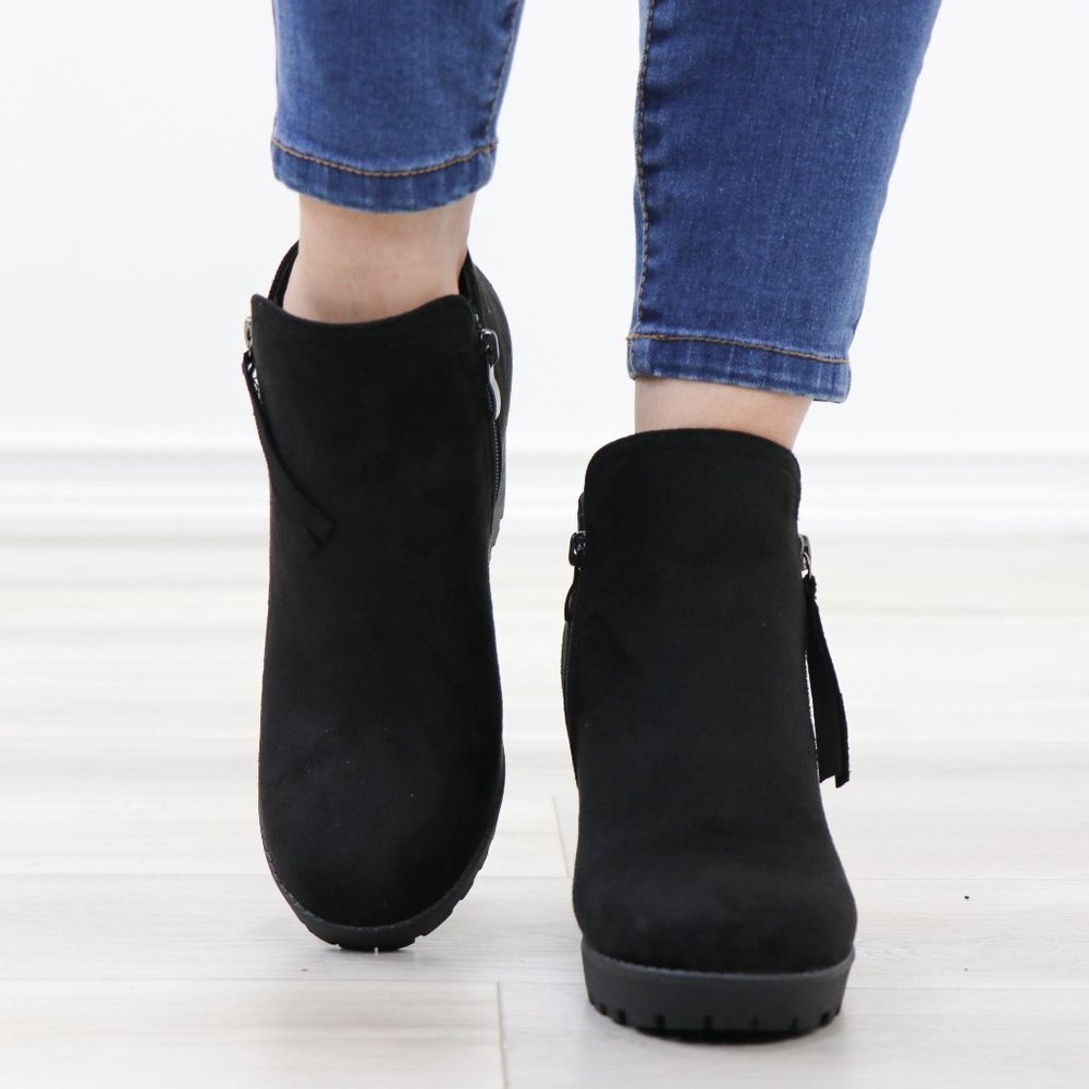 Black Suede Lug Chunky Heel Ankle Boots - Picture 14 of 16